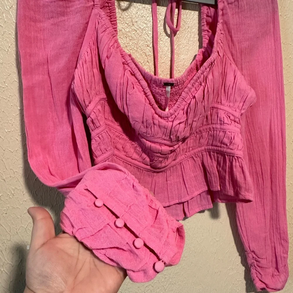 NWT Free People Chloe‎ Top Size Small Ruched Long Sleeve Barbie Pink